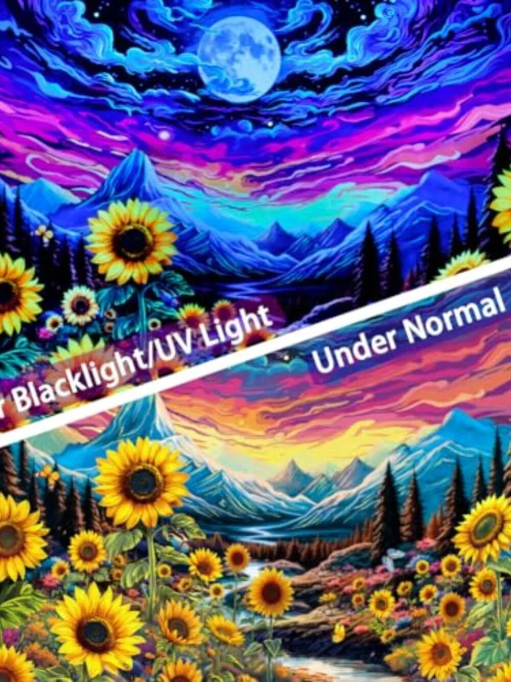 BRAND NEW Blacklight Moon Sunflower Tapestry Starry Night 59.1L x 51.2W